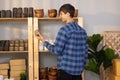 An owner of vase brand checks online and physical inventory and maintains a diary record to determine product availability. A