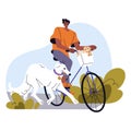 Owner walks dog, carries cute puppy in bike basket. Cyclist strolls his pets during rides bicycle. Doggy lover cycling