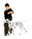 Owner woman keeps on the leash Dalmatian dog champion on the stage vector.
