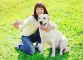 Owner woman with labrador retriever dog taking selfie portrait Royalty Free Stock Photo