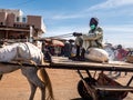 Ox-cart driver wearing face mask coronavirus protection, sitting on rice bag, in the city in Senegal, Africa