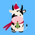 Ox with Christmas tree, Santa hat. Chinese Horoscope 2021 Year of the White Metal Ox. Chinese New year symbol of 2021. Cute cow