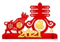 An ox mascot and symbol of spring as symbol of Chinese New Year of the Ox on white the Chinese means spring and good luck Royalty Free Stock Photo