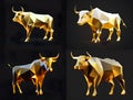 The ox, one of 12 chinese zodiac animal, standing 4 style with serious face as a low polygon gold model on black background.