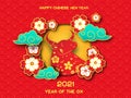 2021 Ox year. Chinese new year festive banner in paper style. Bull, flowers and clouds in oriental design. Lunar celebration