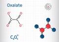 Oxalate anion, ethanedioate molecule. Structural chemical formula and molecule model. Sheet of paper in a cage