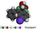 Oxazepam molecule. It is benzodiazepine used to treat panic disorders, severe anxiety, insomnia Molecular model. 3D rendering