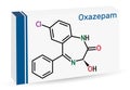 Oxazepam molecule. It is benzodiazepine used to treat panic disorders, severe anxiety, insomnia. Skeletal chemical formula. Paper