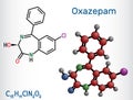 Oxazepam molecule. It is benzodiazepine used to treat panic disorders, severe anxiety, insomnia. Structural chemical formula,