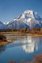 Oxbow Bend viewpoint on mt. Moran, Snake River and its wildlife during autumn, Grand Teton National park, Wyoming