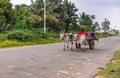 Oxen pull wagon with 3 people, Hampi, Karnataka, India