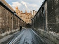 Oxford, United Kingdom - 07 07 2019: Black figure walking away from the camera through the streets of Oxford, While Godzilla like