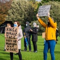 Oxford, United Kingdom - November 1, 2020: Polish pro choice protest in University Parks Oxford, women and men peacefully Royalty Free Stock Photo