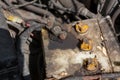 Oxidized and dirty car battery terminal. Battery terminals corrode dirty damaged problem. Old battery corrosion deteriorate leakin