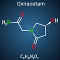 Oxiracetam molecule. It is is a nootropic drug of the racetam family, very mild stimulant. Structural chemical formula on the dark