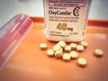 Oxycodone bottle on pharmacy tray with tablets poured out Royalty Free Stock Photo