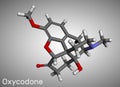 Oxycodone molecule. It is semisynthetic opioid medication used for treatment of pain. Molecule model Royalty Free Stock Photo
