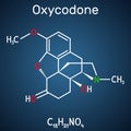Oxycodone molecule. It is semisynthetic opioid medication used for treatment of pain. Structural chemical formula on the dark blue Royalty Free Stock Photo
