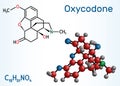 Oxycodone molecule. It is semisynthetic opioid medication used for treatment of pain. Structural chemical formula and molecule