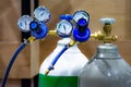 Oxygen cylinder and regulator gauge in factory, equipment Royalty Free Stock Photo