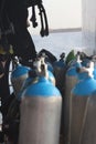 Oxygen cylinders for diving close-up. Equipment for divers