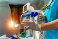 Oxygen mask. Anesthetist holding oxygen mask above patient. Intensive care unit Royalty Free Stock Photo