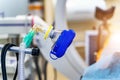 Oxygen mask as part of artificial lungs ventilation machine in surgery room, closeup. Space for text Royalty Free Stock Photo