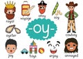 Oy digraph spelling rule educational poster for kids with words. Learning -oy- phonics