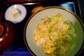 Oyako Donburi or Japanese chicken and egg on rice Placed in a bowl