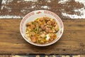 Oyakodon, a Japanese donburi made by simmering chicken, egg, chives,