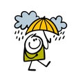 oyful man walks in the rain and takes cover with a yellow umbrella. Vector illustration of autumn weather and positive