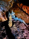 Oylat Cave, mobile photography of a beautiful long cave in the darkness, stalactites and stalagmites