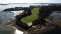 Panoramic drone view of oyster farms in Larmor-Baden in Morbihan