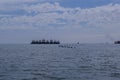 Oyster farm buoys and cargo ships Royalty Free Stock Photo