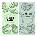 Oyster farm cards. Design template with oysters and cutlery. Engraved style.