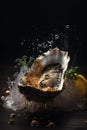 Oyster on ice on a dark background. Oysters seafood.