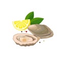 Oyster with lemon vector illustration in flat design isolated on white background.