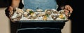 oyster. Man eating shellfish. Seafood and Mediterranean cuisine with mussels in shell. oyster in luxury restaurant