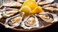 Oyster plate with lemon close-up view