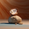 Oyster shell with pearl on the rock. 3d render Royalty Free Stock Photo