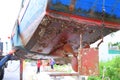 Oyster under a bilge of a Vietnamese fishing boat Royalty Free Stock Photo