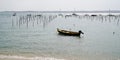 Oysters beach and fishing boat in bay basin Arcachon in sunrise winter day