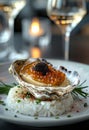 Oysters with caviar and white rice on plate Royalty Free Stock Photo