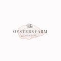 The Oysters Farm Abstract Vector Sign, Symbol or Logo Template. Elegant Opened Oyster Drawing Sketch with Classy Retro