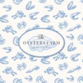 The Oysters Farm Abstract Vector Sign, Symbol or Logo Template. Elegant Opened Oyster Drawing Sketch with Seafood