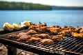 oysters on the grill with beach and seagulls in the distance