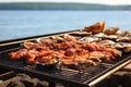 oysters on the grill with beach and seagulls in the distance