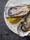 Oysters heart shape in plate with lemon, cranberries, microgreens, knife, shells on marble