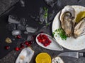 Oysters heart shape in plate with lemon, cranberries, microgreens, knife, shells on marble