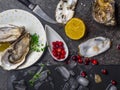 Oysters heart shape in plate with lemon, cranberries, microgreens, knife, shells on marble